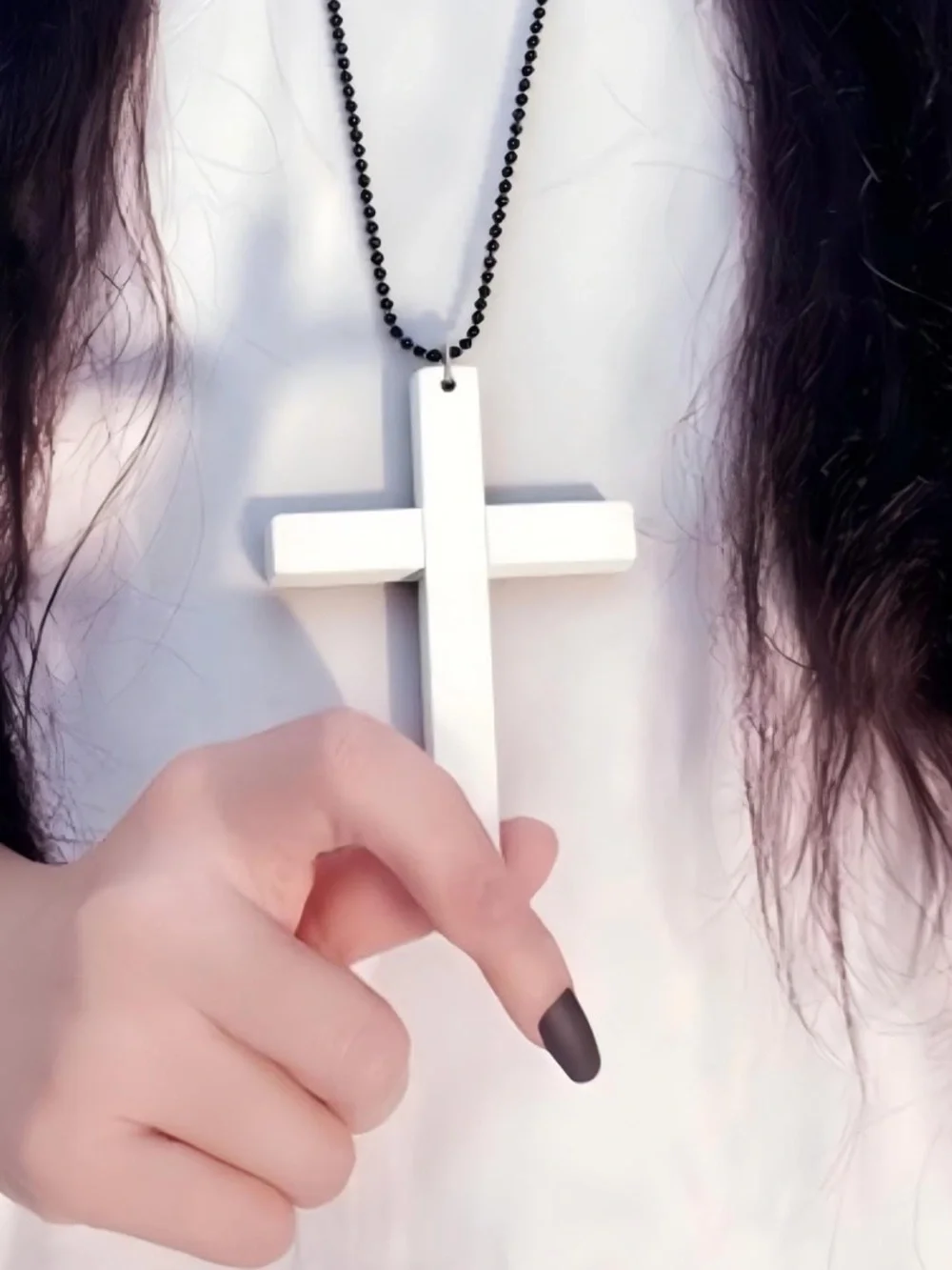 White Cross Necklace Black Ball/Bead Chain Long Religious Jewelry